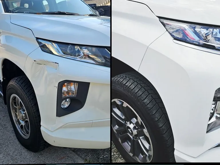 Front guard of a white ute before and after repair, the dent on the left and the finished panel on the right